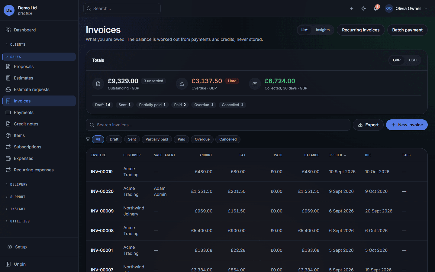 The invoices screen: totals per currency, status counts, and the invoice list with amount, tax, paid and balance columns.